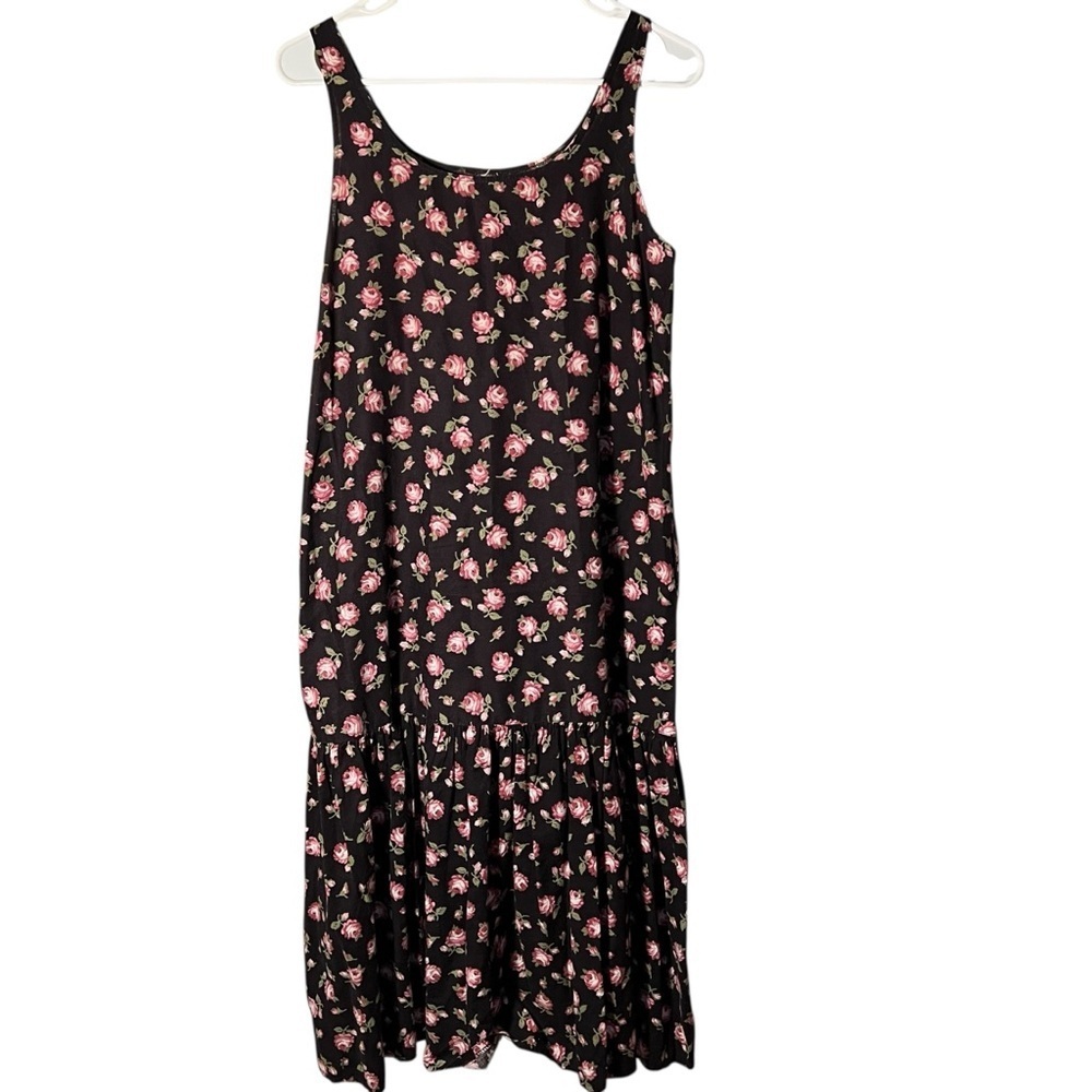 Vintage Women's Midi Dress Sleeveless Black Pink Rose Floral Scoop Neck‎ Ruffle